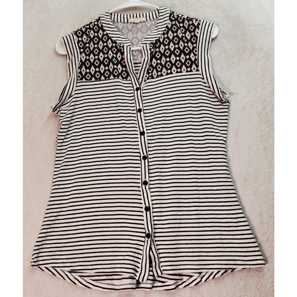Pleione Blouse Top Women Small Black White Striped Rayon Sleeveless Button Front - Picture 1 of 7